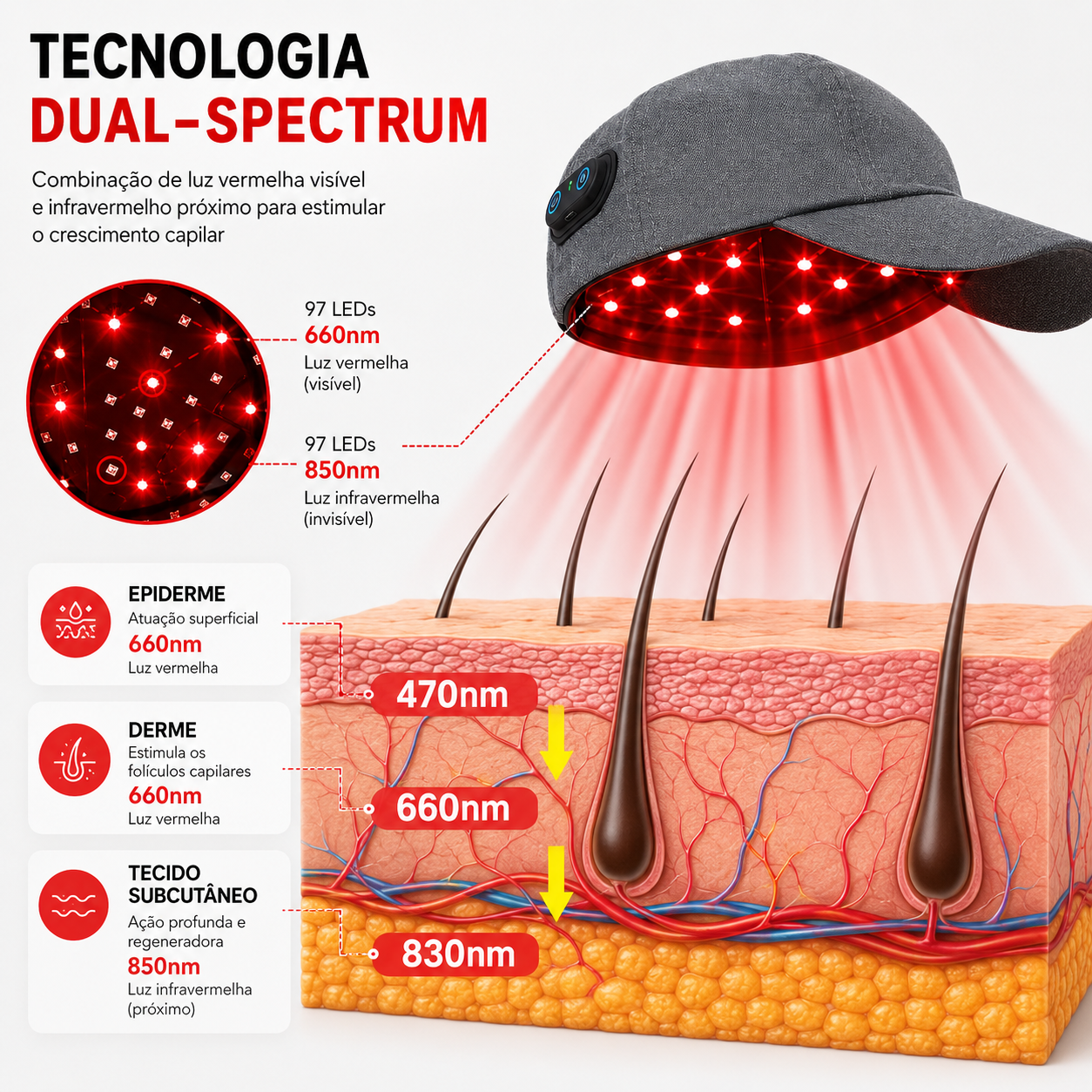 Boné LED Infravermelho para Crescimento Capilar